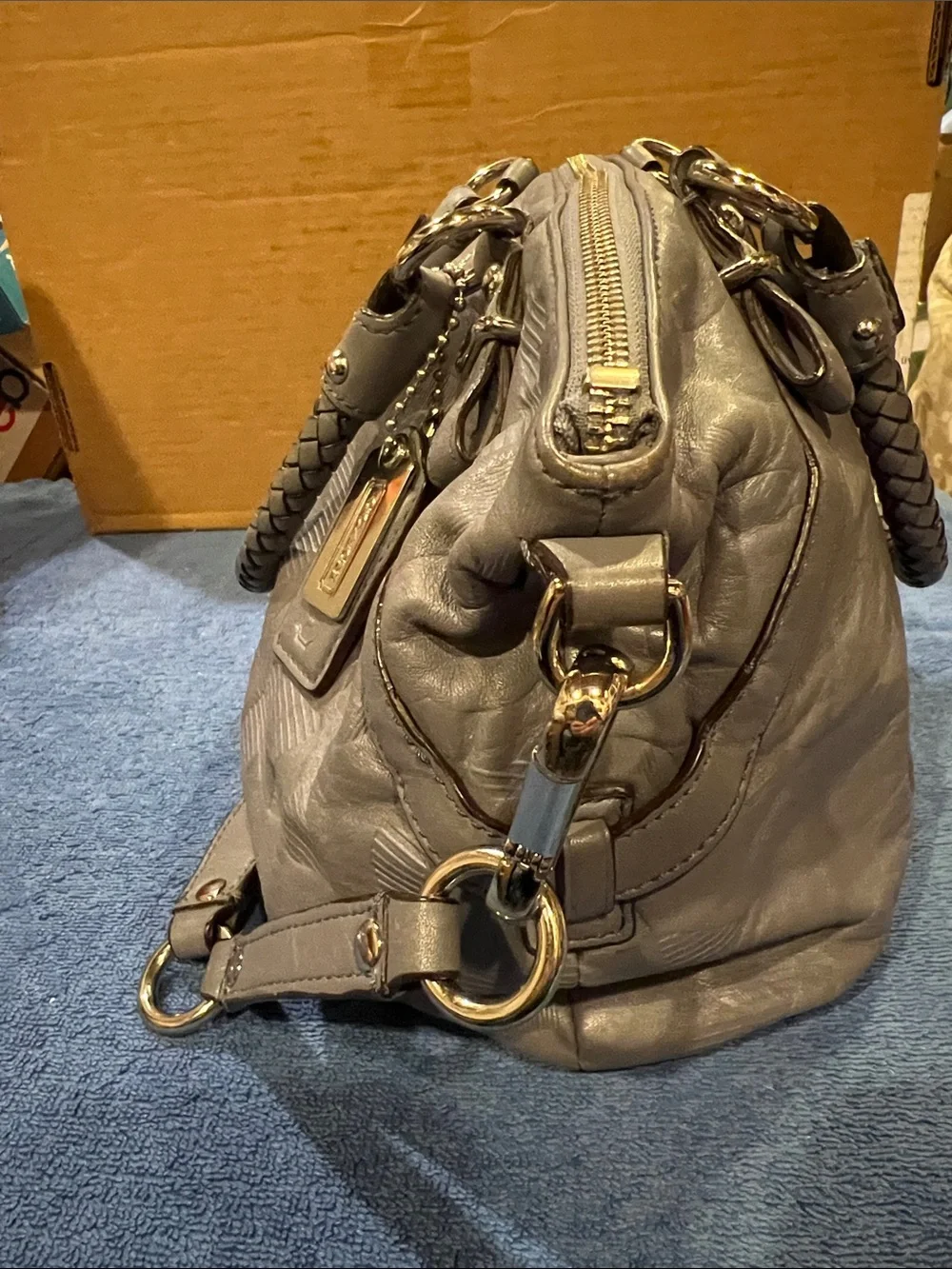Coach Gray Braided Leather Satchel with Signature Pattern